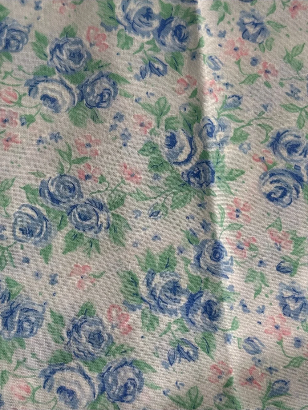 Vintage 1980s Blue Rose Floral Cotton Fabric 1 Yard x 42 Pink Cottage Floral